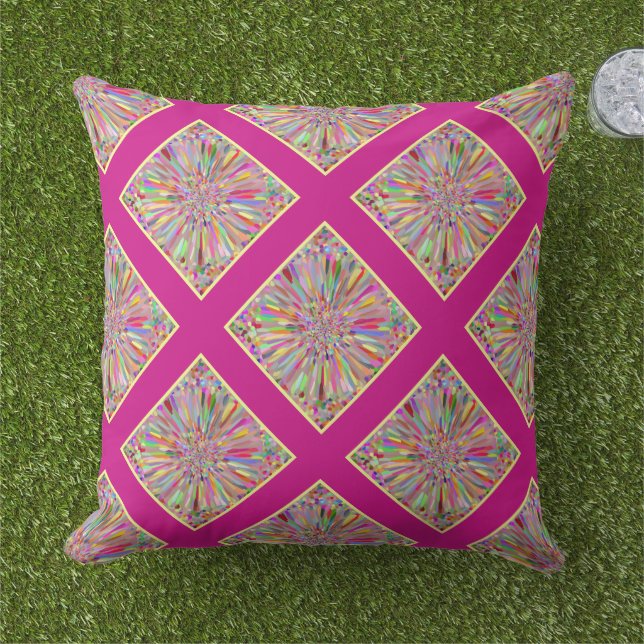 Confetti Bloem Zomer Roze & Gele Quilt Plaid Buitenkussen (Gras)
