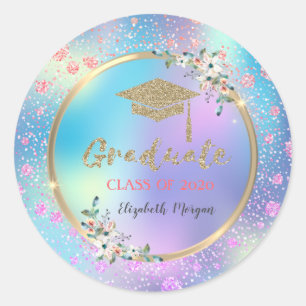 Confetti,Bloemen,Holografisch,Glitter Afstudeerhoe Ronde Sticker