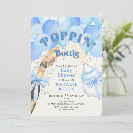 Confetti Blue Balloon Poppin' Bottles Baby shower Kaart (Staand voorkant)