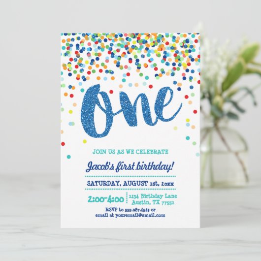 Confetti Blue Glitter eerste verjaardag Kaart (Staand voorkant)