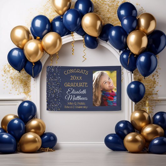 Confetti Blue Photo Congrats Afstuderen Name Schoo Spandoek