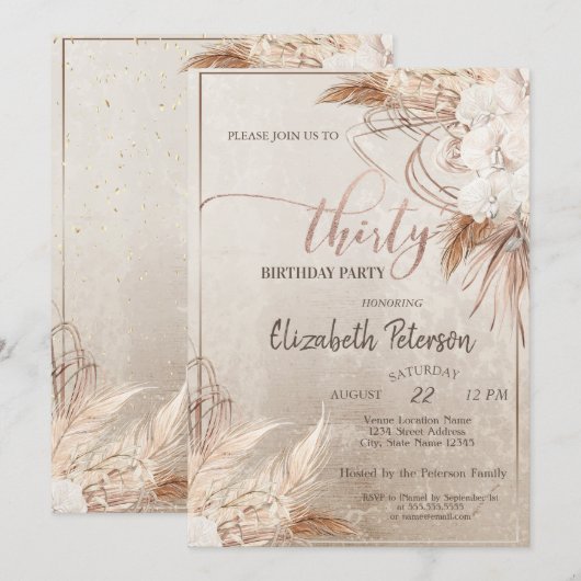 Confetti Boho Floral Pampas 30e verjaardagsfeestje Kaart (Voorkant / Achterkant)