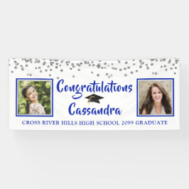 Confetti Brush Script Photo Graduation Royal Blue Spandoek