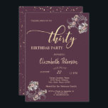 Confetti Burgundy Floral 30th Birthday Party Kaart<br><div class="desc">Bloemen,  en gouden confetti op de uitnodiging van de burgundy background party.</div>
