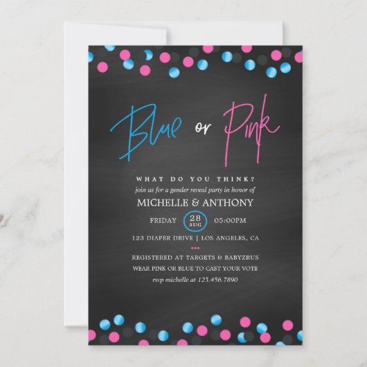 Confetti Chalkboard Blue of Pink Gender onthulling Kaart (Voorkant)