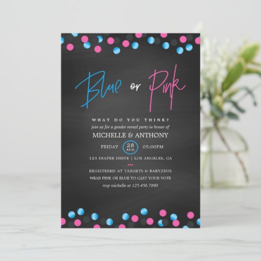 Confetti Chalkboard Blue of Pink Gender onthulling Kaart (Staand voorkant)