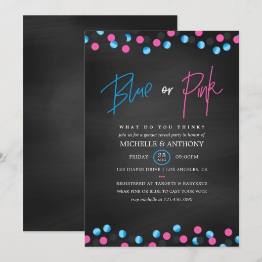 Confetti Chalkboard Blue of Pink Gender onthulling Kaart (Voorkant / Achterkant)