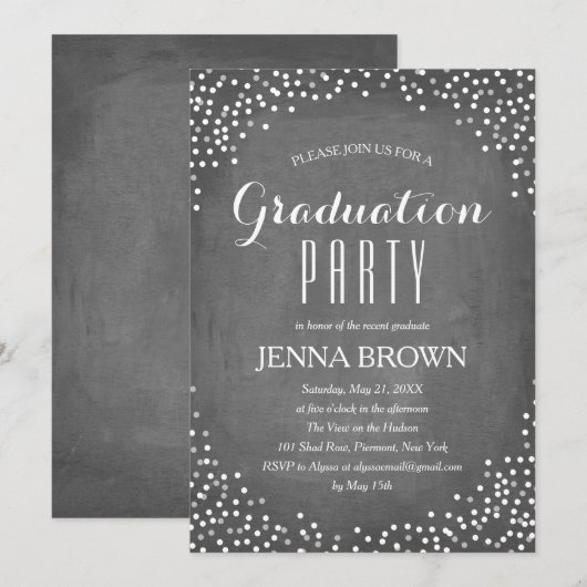 Confetti Chalkboard Graduation Party Invitation Kaart (Voorkant / Achterkant)