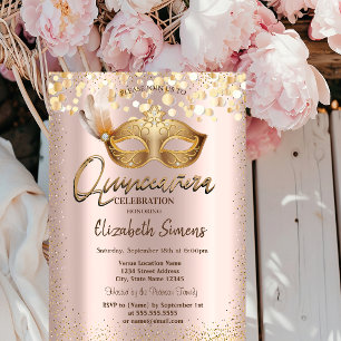 Confetti Chic Masker Roze Goud Quinceañera Kaart