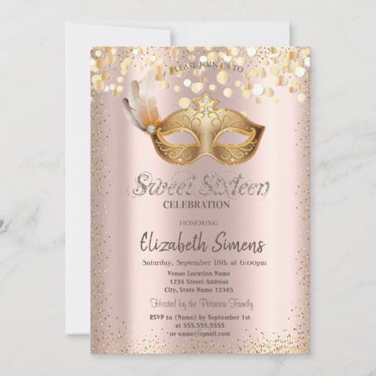 Confetti Chique Masque Roos Goud Sweet 16 Kaart (Voorkant)