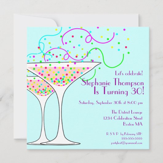 Confetti Cocktail Birthday Party Invitation Kaart (Voorkant)