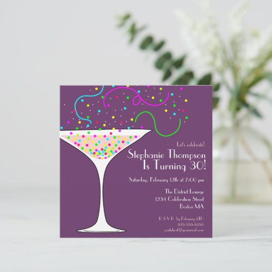 Confetti Cocktail Birthday Party Invitation Kaart (Staand voorkant)