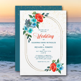 Confetti Coral en Aqua Floral Wedding Invitation Kaart