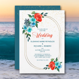 Confetti Coral en Aqua Floral Wedding Invitation Kaart