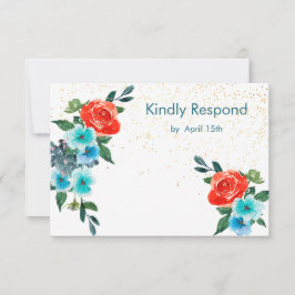 Confetti Coral en Aqua Floral Wedding RSVP Kaartje