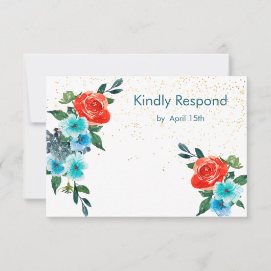 Confetti Coral en Aqua Floral Wedding RSVP Kaartje (Voorkant)