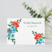 Confetti Coral en Aqua Floral Wedding RSVP Kaartje (Staand voorkant)