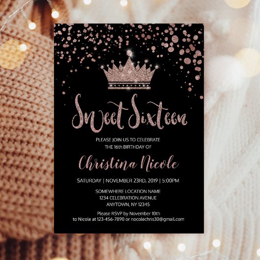 Confetti Crown Roos Gold Black Glam Sweet 16 Kaart