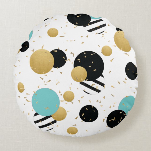 Confetti Dot Party Black Blauwgroen en Gold Circul Rond Kussen (Voorkant)