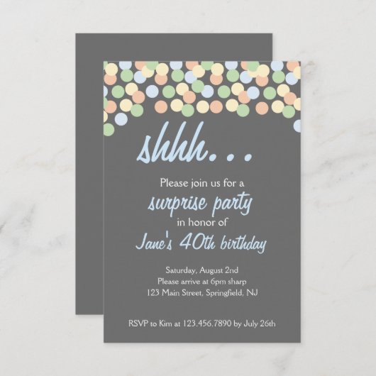 Confetti Dot Shhh... Verrassingsfeest! Kaart (Voorkant / Achterkant)