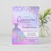 Confetti, Dress, Violet Glitter Quinceañera Kaart (Staand voorkant)