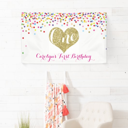 Confetti Eerste Verjaardag Banner Gouden Glitter H (Insitu)