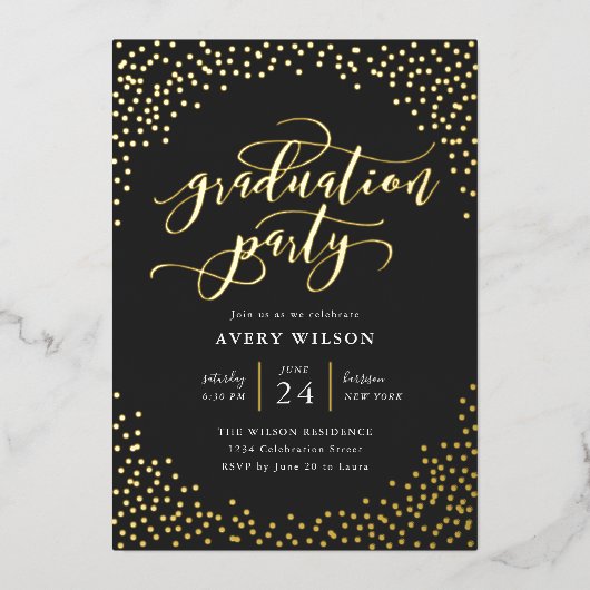 Confetti Elegant Script Graduation Party Folie Inv Folie Uitnodiging (Voorkant)