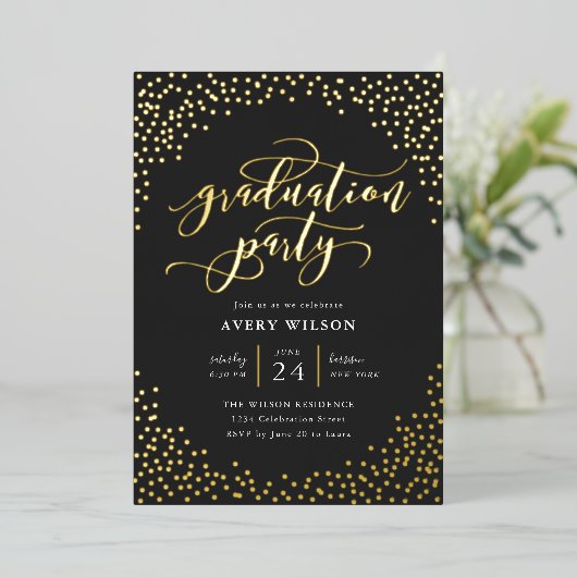 Confetti Elegant Script Graduation Party Folie Inv Folie Uitnodiging (Staand Voorkant)