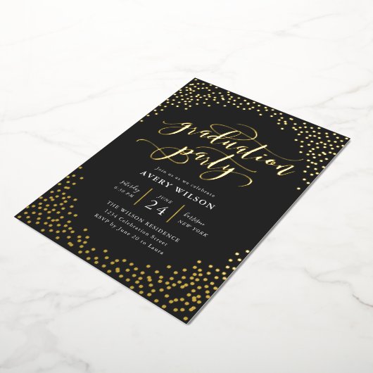 Confetti Elegant Script Graduation Party Folie Inv Folie Uitnodiging (Gedraaid)