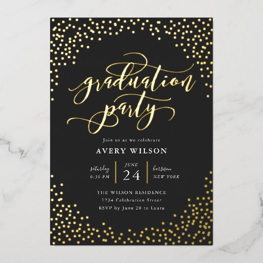 Confetti Elegant Script Graduation Party Folie Inv Uitnodiging (Voorkant)