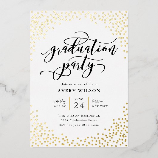 Confetti Elegant Script Graduation Party Folie Uitnodiging (Voorkant)