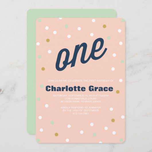 Confetti First Birthday Invitation Kaart (Voorkant / Achterkant)