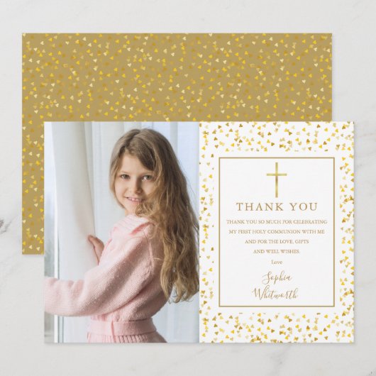 Confetti Foto van First Heilige Communion Gold Hea Bedankkaart (Voorkant / Achterkant)