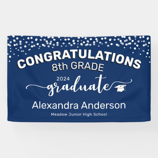 Confetti Gefeliciteerd, 8e graad Afstuderen blauw Spandoek (Horizontaal)
