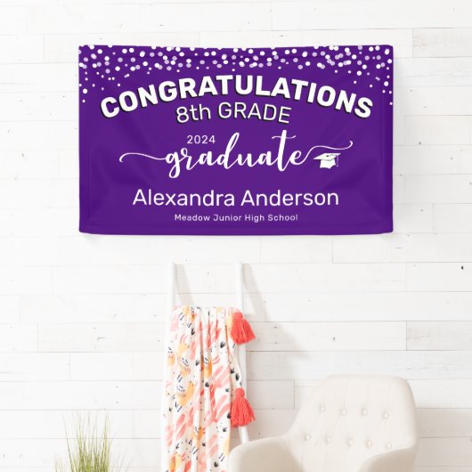Confetti gefeliciteerd 8e graad Afstuderen Paars Spandoek (Insitu)