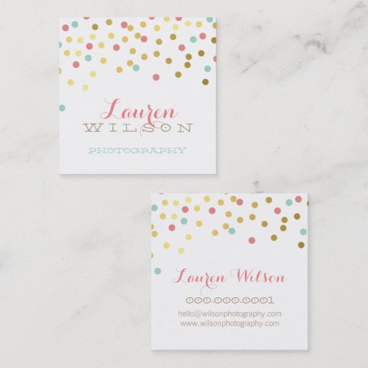 CONFETTI GLAMOROUS schattig goud folie koraal mint Vierkante Visitekaartje (Voorkant / Achterkant)