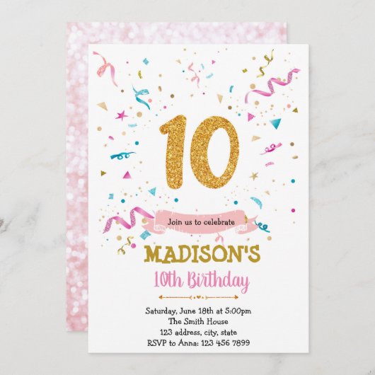 Confetti glitter 10e verjaardag uitnodiging (Voorkant / Achterkant)