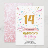 Confetti glitter 14e verjaardag uitnodiging (Voorkant / Achterkant)