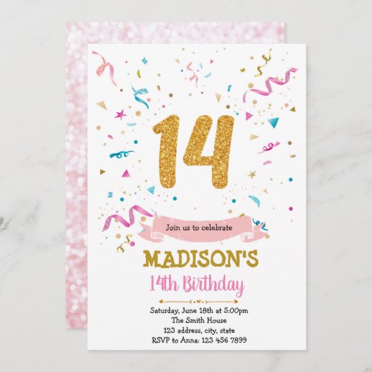 Confetti glitter 14e verjaardag uitnodiging (Voorkant / Achterkant)