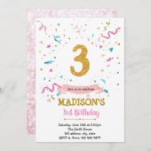 Confetti glitter 3de verjaardag uitnodiging (Voorkant / Achterkant)