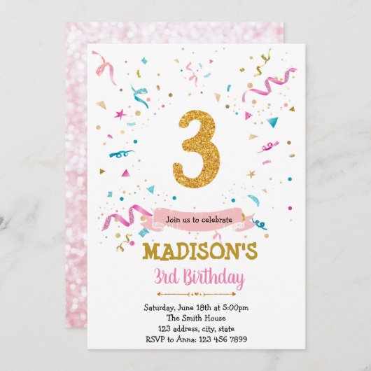 Confetti glitter 3de verjaardag uitnodiging (Voorkant / Achterkant)