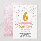 Confetti Glitter 6e verjaardag uitnodiging (Voorkant / Achterkant)