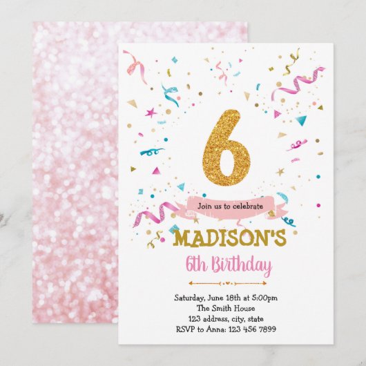Confetti Glitter 6e verjaardag uitnodiging (Voorkant / Achterkant)