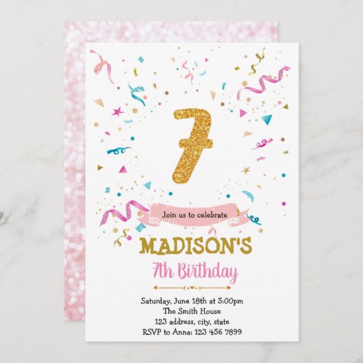 Confetti glitter 7e verjaardag uitnodiging (Voorkant / Achterkant)