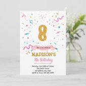 Confetti glitter 8e verjaardag uitnodiging (Staand voorkant)