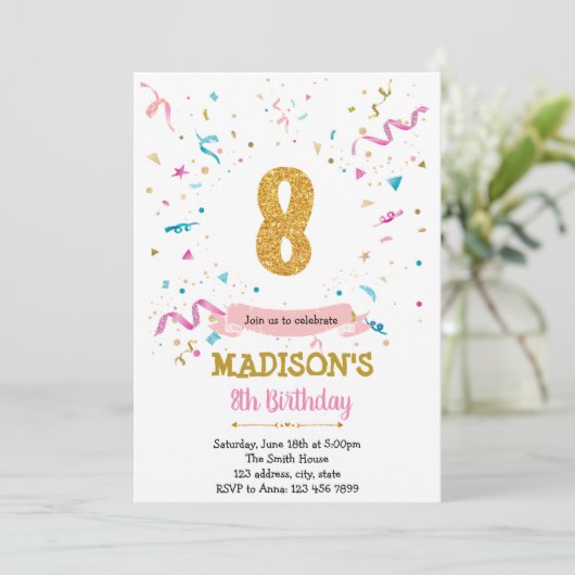 Confetti glitter 8e verjaardag uitnodiging (Staand voorkant)