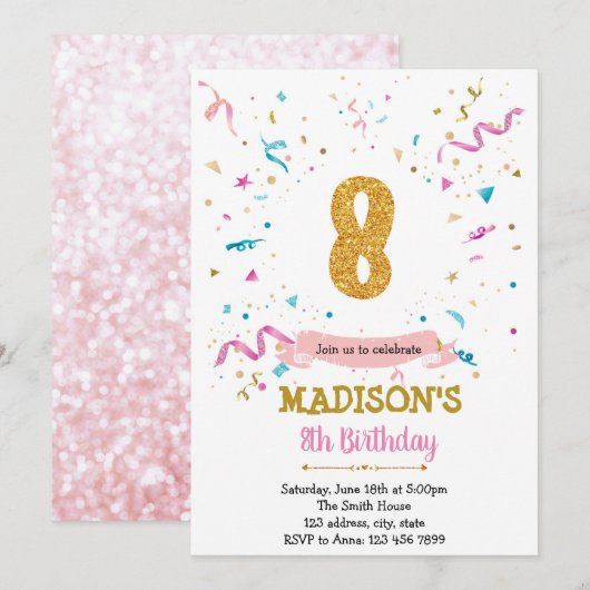 Confetti glitter 8e verjaardag uitnodiging (Voorkant / Achterkant)