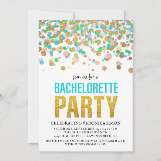 Confetti Glitter Bachelorette Party Invitation Kaart (Voorkant)