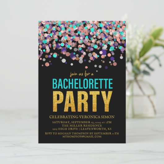 Confetti Glitter Bachelorette Party Invitation Kaart (Staand voorkant)