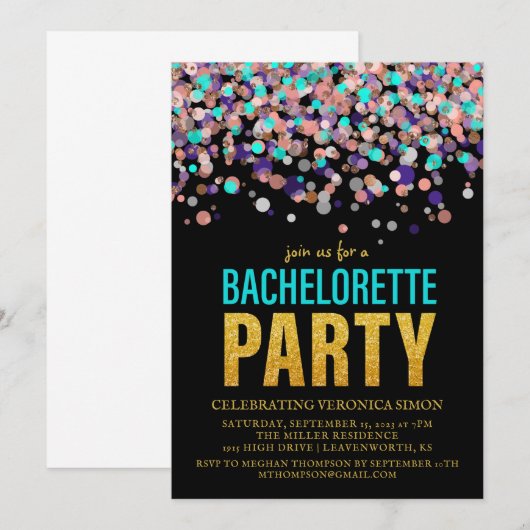 Confetti Glitter Bachelorette Party Invitation Kaart (Voorkant / Achterkant)